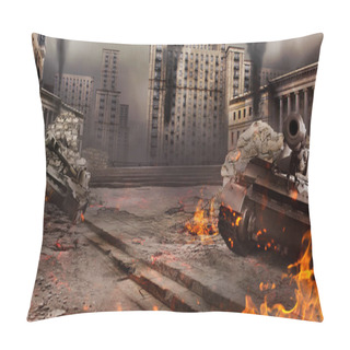 Personality  Photo Of A City War Battlefield Background With Burning Tanks And Destructed Buildings. Pillow Covers