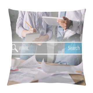 Personality  Cropped View Of Seo Managers Working With Documents And Digital Tablet, With Website Search Bar  Pillow Covers