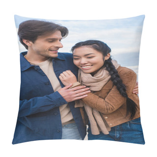 Personality  Positive Multiethnic Couple Hugging Outdoors During Weekend  Pillow Covers