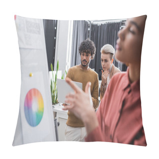 Personality  Blurred African American Woman Pointing At Flip Chart Near Thoughtful Interracial Colleagues With Laptop Pillow Covers