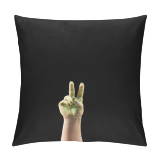 Personality  Cropped View Of Woman Showing Peace Gesture In Green Holi Powder Isolated On Black Pillow Covers