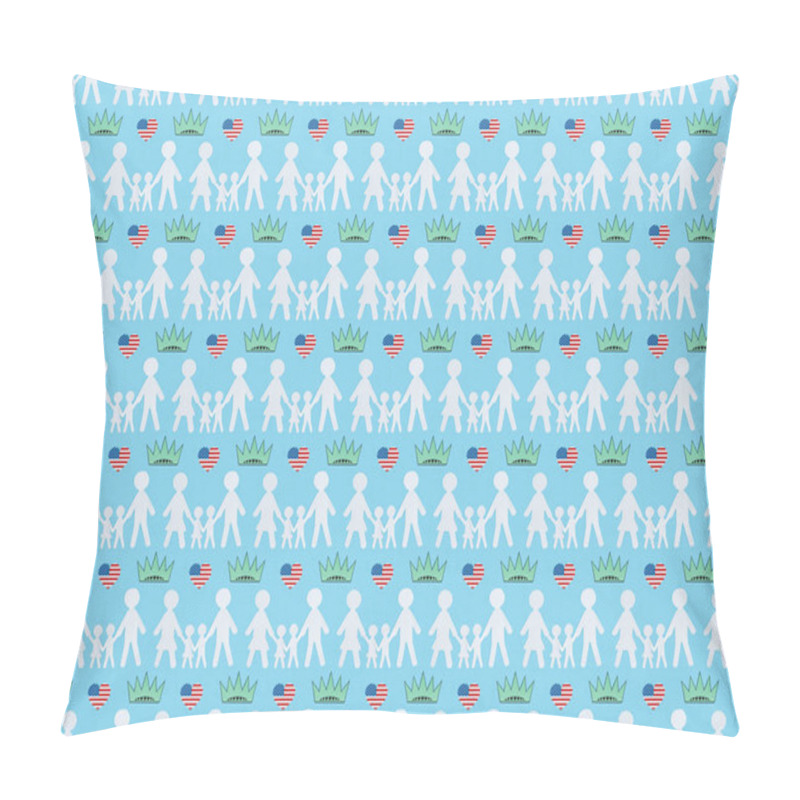 Personality  Seamless Background Pattern With Hearts Made Of Us National Flags, White Paper Cut Families And Crowns On Blue, Independence Day Concept Pillow Covers