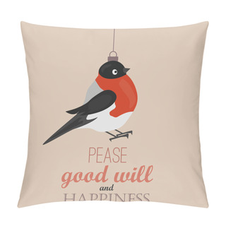 Personality Merry Christmas Vintage Retro Typography Lettering Design Greeting Card With Toy Bullfinch, Bird, Sparrow, Winter, Chaffinch,greenfinch,titmouse,waxwing Pillow Covers