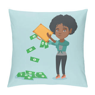 Personality  Penniless Woman Shaking Out Money From Briefcase. Pillow Covers