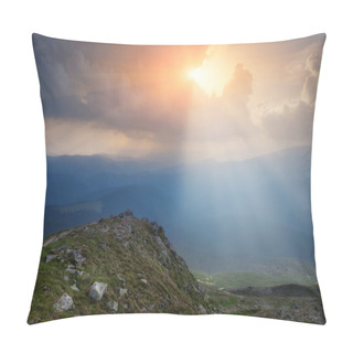 Personality  Carpathian Mountains. The Rays Breaking Through The Clouds Illuminating The Ground. Pillow Covers