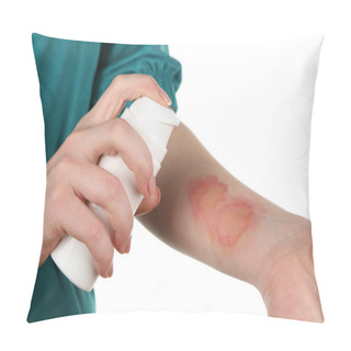 Personality  Treatment Of Burns By Spray On Female Hand Isolated On White Pillow Covers