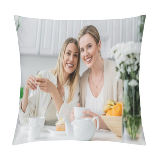 Personality  Cheerful Lovely Sisters In Trendy Attire Enjoying Tea And Cupcakes And Looking At Camera, Bonding Pillow Covers