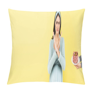 Personality  Displeased Pregnant Woman Showing Reject Gesture Near Cake Isolated On Yellow, Banner Pillow Covers