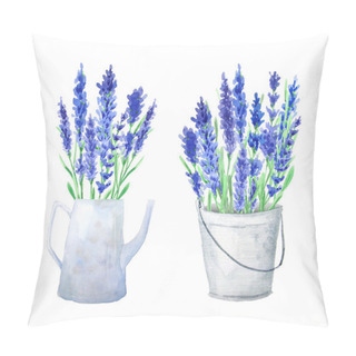 Personality  Hand Painted Watercolor Lavender Floral Bouquets.  Watering Can And Metal Bucket With Lavender. Provence Decor Compositions Perfect For Wedding Invitation And Cards. Pillow Covers