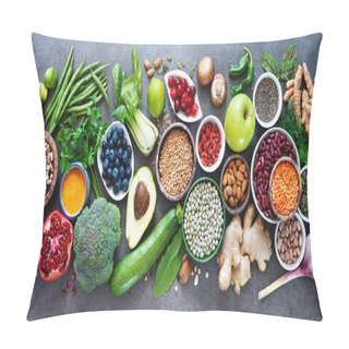 Personality  Healthy Food Selection With Fruits, Vegetables, Seeds, Superfood, Cereals On Gray Background Pillow Covers
