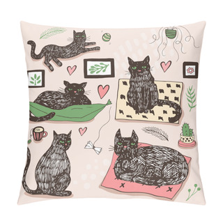 Personality  Hand Drawn Vector Illustrations Of Cat Characters Set. Sketch Style. Pillow Covers