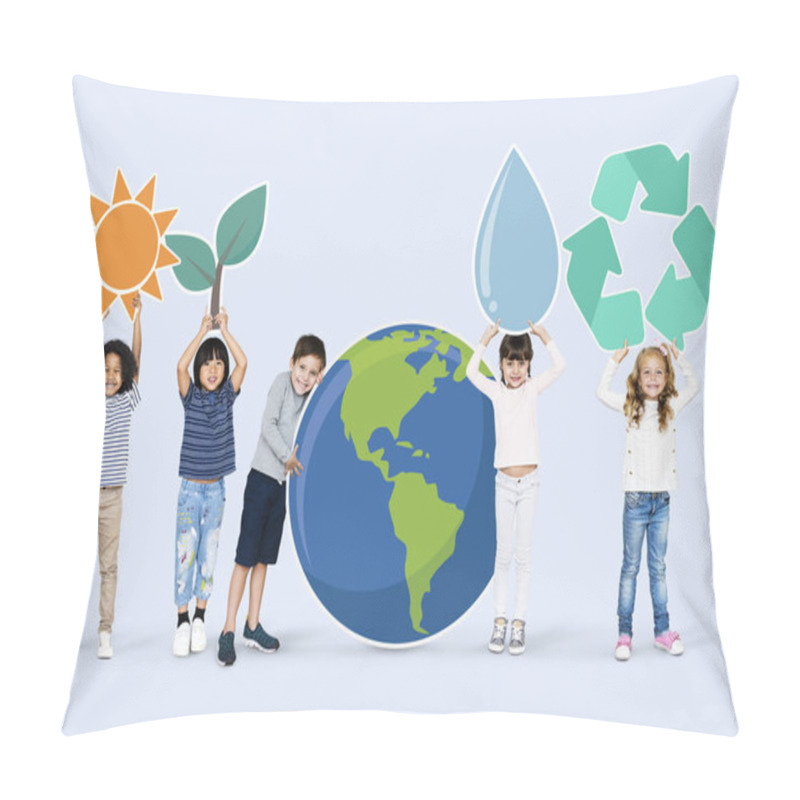 Personality  Diverse kids with environment icons pillow covers