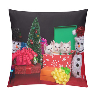 Personality  Three Fluffy White Kittens In A Holiday Box Next To A Tiny Christmas Tree, Snowman To One Side Surrounded By Brightly Colored Presents With Bows. Looking To Viewers Right. Pillow Covers