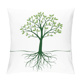 Personality  Green Tree With Roots And Leafs. Vector Illustration. Pillow Covers