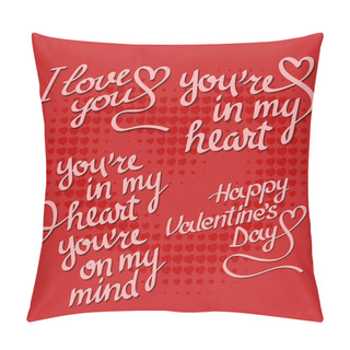 Personality  Set Of Valentine's Day Lettering On Red Background With Hearts. Valentine Greeting Card Typography Design Elements. Pillow Covers