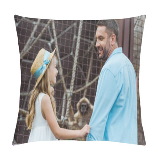Personality  Happy Father Looking At Cheerful And Cute Daughter In Straw Hat In Zoo  Pillow Covers
