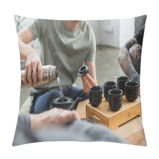 Personality  Cropped View Of Bearded Man Holding Thermos While Pouring Hot Water And Brewing Puer Tea In Chinese Tea Pot  Pillow Covers