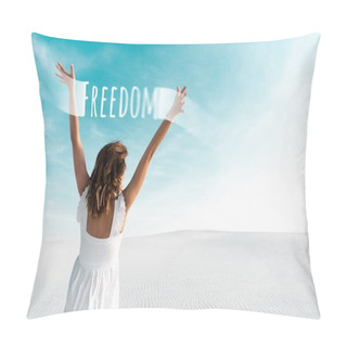 Personality  Back View Of Beautiful Girl In White Dress With Hands In Air On Sandy Beach With Blue Sky, Freedom Illustration Pillow Covers