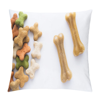 Personality  Top View Of Crunchy Bone Shaped Cookies And Treats For Dog Isolated On White Pillow Covers