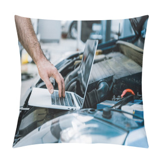 Personality  Cropped View Of Auto Mechanic Using Laptop With Blank Screen Near Car  Pillow Covers