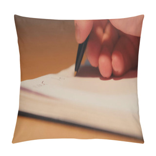 Personality  Cropped View Of Man Holding Pen While Writing On Notepad   Pillow Covers