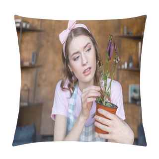 Personality  Woman Holding Plant In Flowerpot Pillow Covers