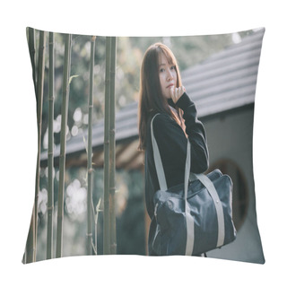 Personality  Portrait Asian Japanese School Girl Costume Looking In Japanese Garden  Pillow Covers