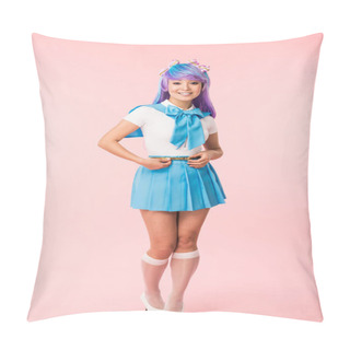 Personality  Full Length View Of Pretty Anime Girl In Wig And Sailor Suit Standing On Pink Pillow Covers