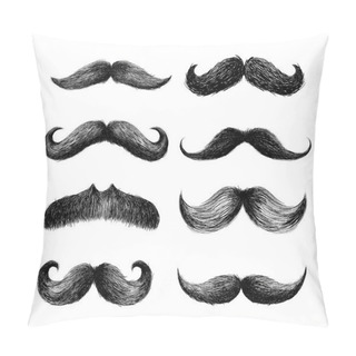 Personality  Set Of Moustaches. Hand Drawn Black Mustache For Barbershop Or Mustache Carnival. Freehand Drawing. Vector Illustration. Isolated On White Background Pillow Covers