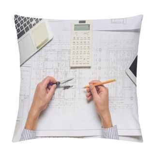 Personality  Architect Working With Blueprints And Calculator Pillow Covers