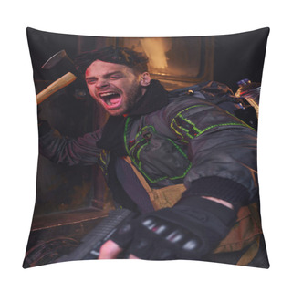 Personality  Unshaven Injured Man With Axe And Gun Shouting And Defending In Dark Post-apocalyptic Subway Pillow Covers