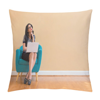 Personality  Young Woman With A Laptop Computer In A Thoughtful Pose Pillow Covers