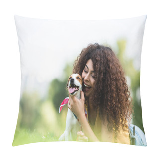 Personality  Selective Focus Of Excited, Curly Woman Hugging Jack Russell Terrier Dog While Lying On Grass Pillow Covers