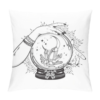Personality  Hand Drawn Magic Crystal Ball With Gems And Crescent Moon In Hands Of Fortune Teller Line Art And Dot Work. Boho Chic Tattoo, Poster, Tapestry Or Altar Veil Print Design Vector Illustration Pillow Covers