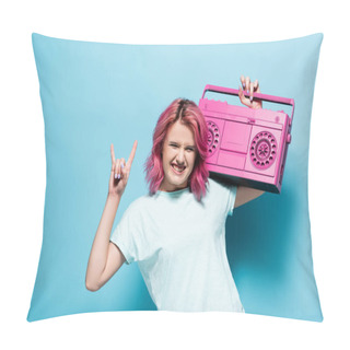 Personality  Young Woman With Pink Hair Holding Vintage Tape Recorder And Showing Rock Sign On Blue Background Pillow Covers