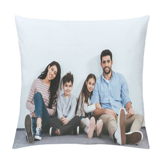 Personality  Cheerful Hispanic Family Smiling While Sitting On Floor Near White Wall  Pillow Covers