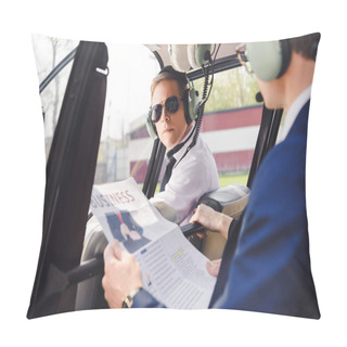 Personality  Pilot In Headset And Businessman With Newspaper In Helicopter Cabin Pillow Covers