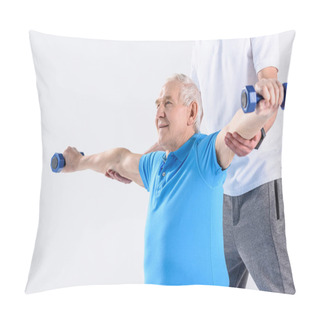 Personality  Partial View Of Rehabilitation Therapist Assisting Senior Man Exercising With Dumbbells On Grey Background Pillow Covers
