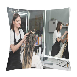 Personality  Beauty, Hair Industry, Tattooed Hairdresser Styling Hair Of Woman With Braids, Customer Satisfaction, Hairstyle, Mirror Reflection, Hair Buns, Braided Hair, Beauty Salon, Hair Fashion  Pillow Covers