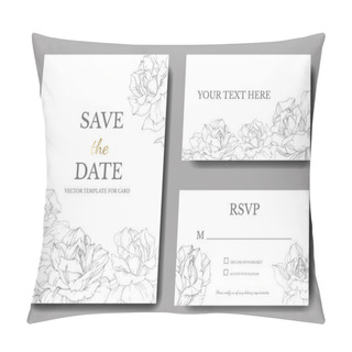 Personality  Vector. Silver Rose Flowers On White Cards. Wedding Cards With Floral Decorative Borders. Thank You, Rsvp, Invitation Elegant Cards Illustration Graphic Set. Engraved Ink Art. Pillow Covers