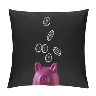Personality  Pink Piggy Bank Near Coins With Dollar And Euro Signs On Black  Pillow Covers