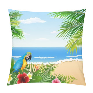 Personality  Card With Tropical Beach, Tropical Plants And Parrot Pillow Covers