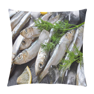 Personality  Freshly Caught Sea Small Fish On A Plate On A Gray Concrete Background With Copy Space. Sardines Ready For Cooking With Lemon, Coarse Sea Salt.  Pillow Covers