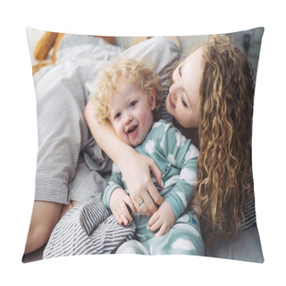 Personality Curly Young Mother Playing With Her Young Child Boy Son, Having Fun, Hugging Pillow Covers