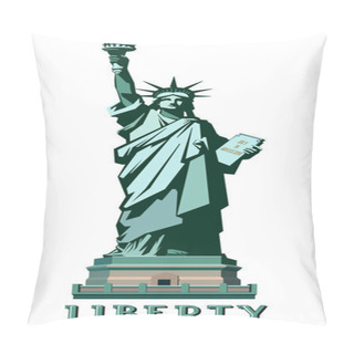 Personality  Statue Of Liberty USA, Poster. 2020. Creative Green Linear Picture. National Symbol Of America. Illustration White Background. Use Presentations, Corporate Reports, Text, Emblems, Labels, Logo, Vector Pillow Covers