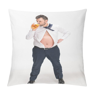 Personality  Overweight Man In Tight Shirt Drinking Glass Of Beer On White Pillow Covers