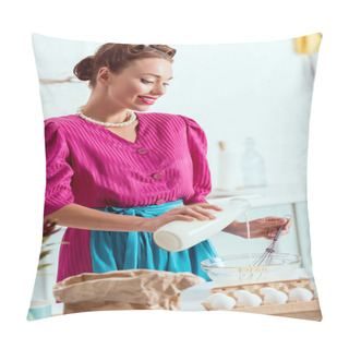 Personality  Smiling Pin Up Girl Adding Milk To The Ingredients For Making Dough And Looking At Camera Pillow Covers