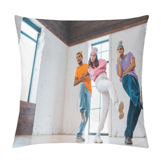 Personality  Stylish Girl With Crossed Arms Breakdancing With Multicultural Men In Hats  Pillow Covers