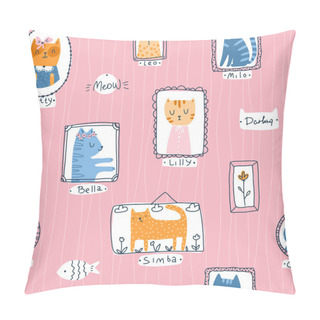 Personality  Kitty Seamless Pattern. Cat Pet Portraits In Simple Hand Drawn Scandinavian Cartoon Childish Style. Colorful Cute Doodle Animals In Frames On A Pink Background With Nicknames. Pillow Covers