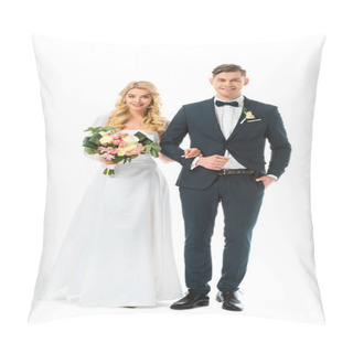 Personality  Beautiful Bride In White Wedding Dress, And Handsome Groom In Black Suit Isolated On White Pillow Covers